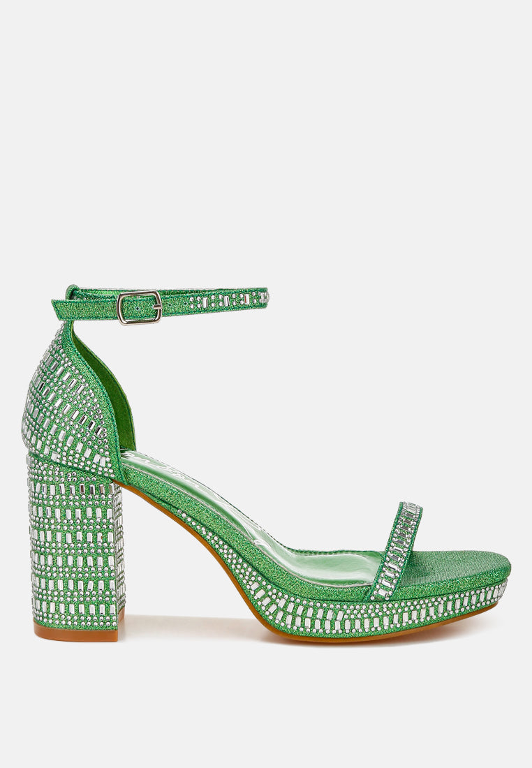 women rhinestones embellished block heel sandals#color_green