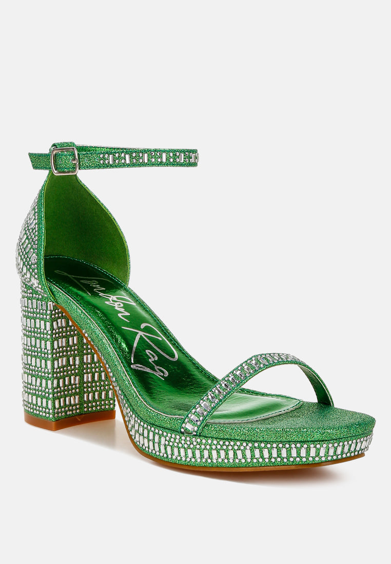 women rhinestones embellished block heel sandals#color_green
