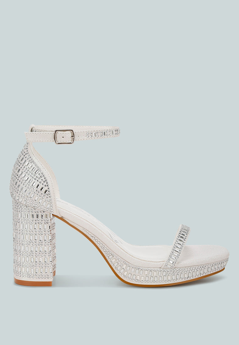 women rhinestones embellished block heel sandals#color_white