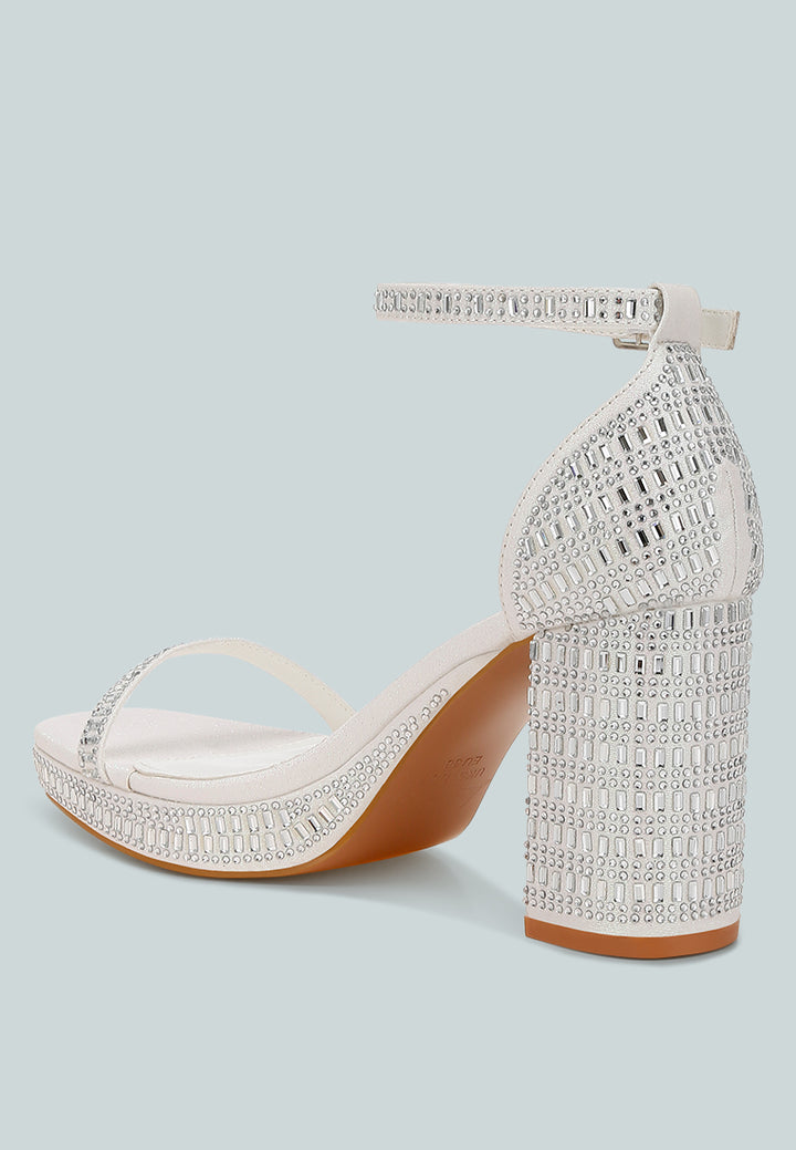 women rhinestones embellished block heel sandals#color_white