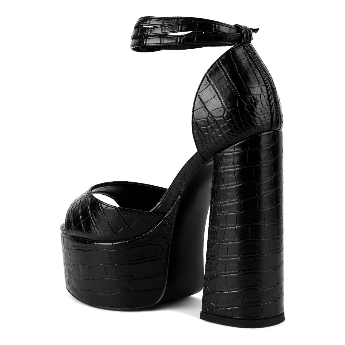 Black Croc Textured High Heeled Block Sandal