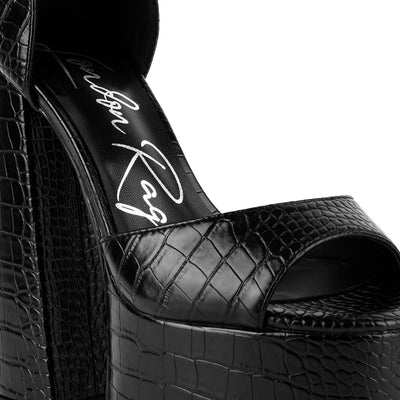 Black Croc Textured High Heeled Block Sandal