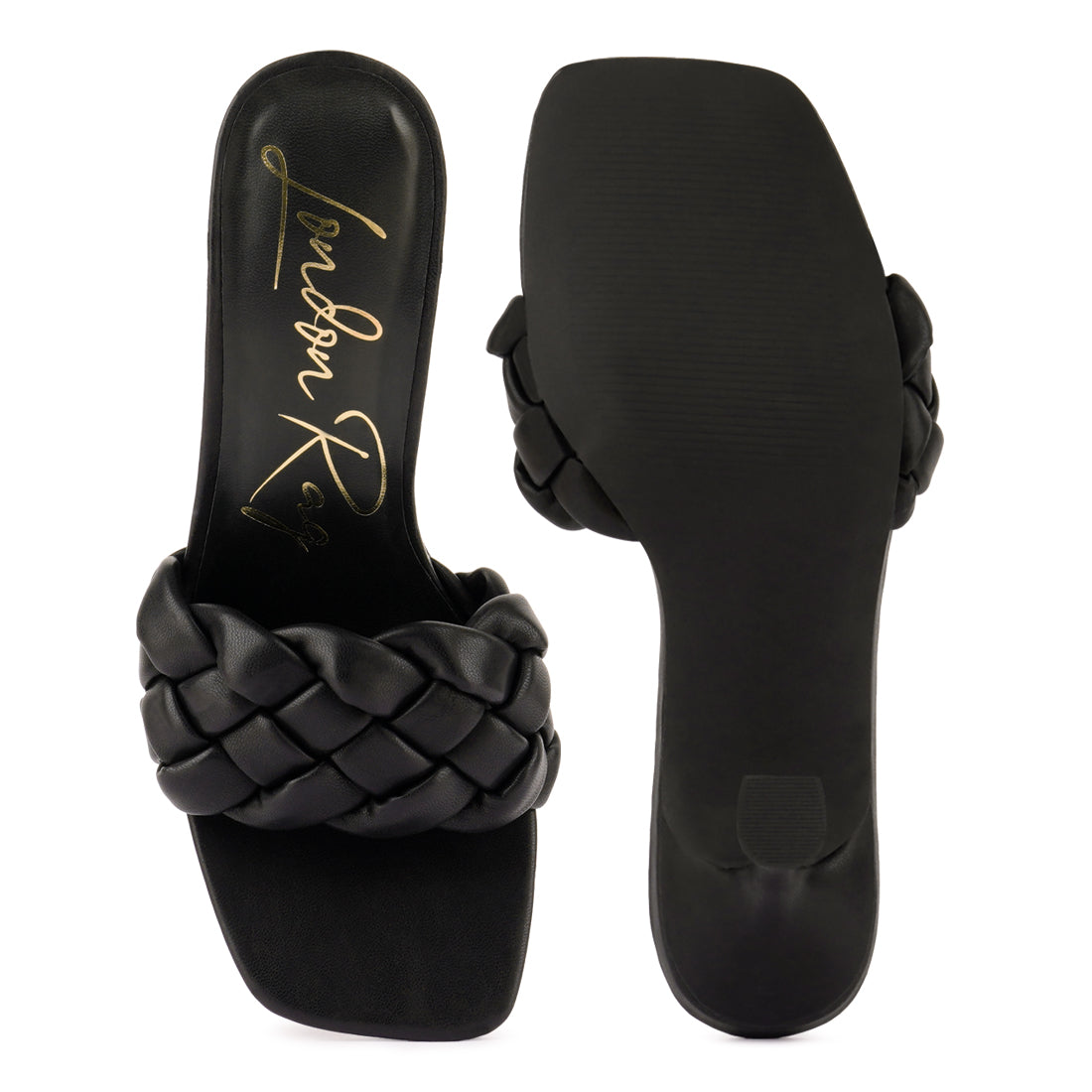 Black Woven Strap Square Toe Heeled Sandal