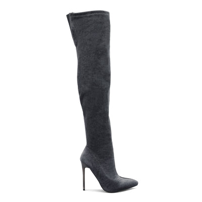 madmam strerch high heel velvet boot#color_grey