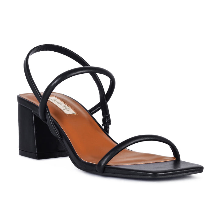 Square Toe Block Heeled Sandal in Black