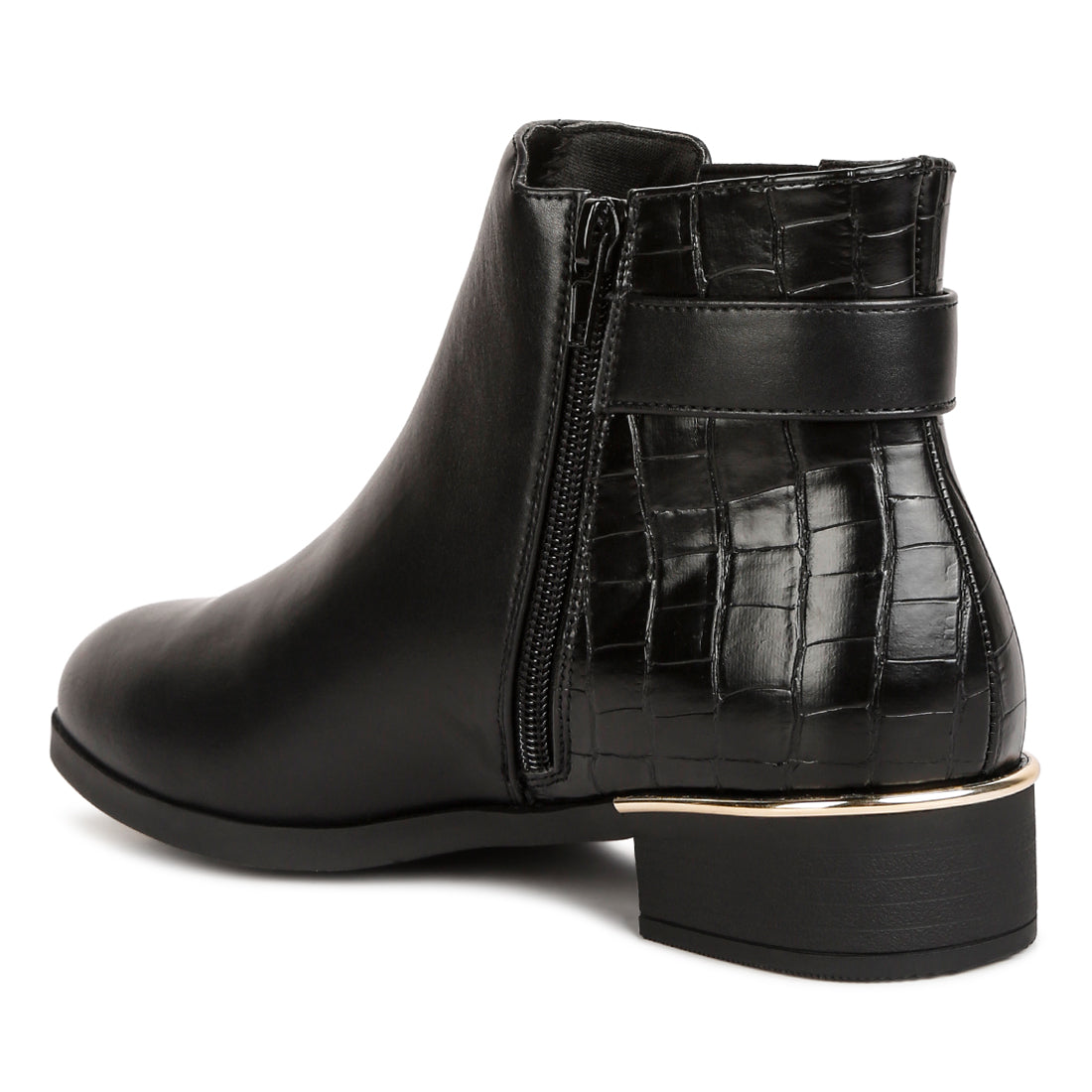 Buckled Ankle Boots with Croc Detail in Black
