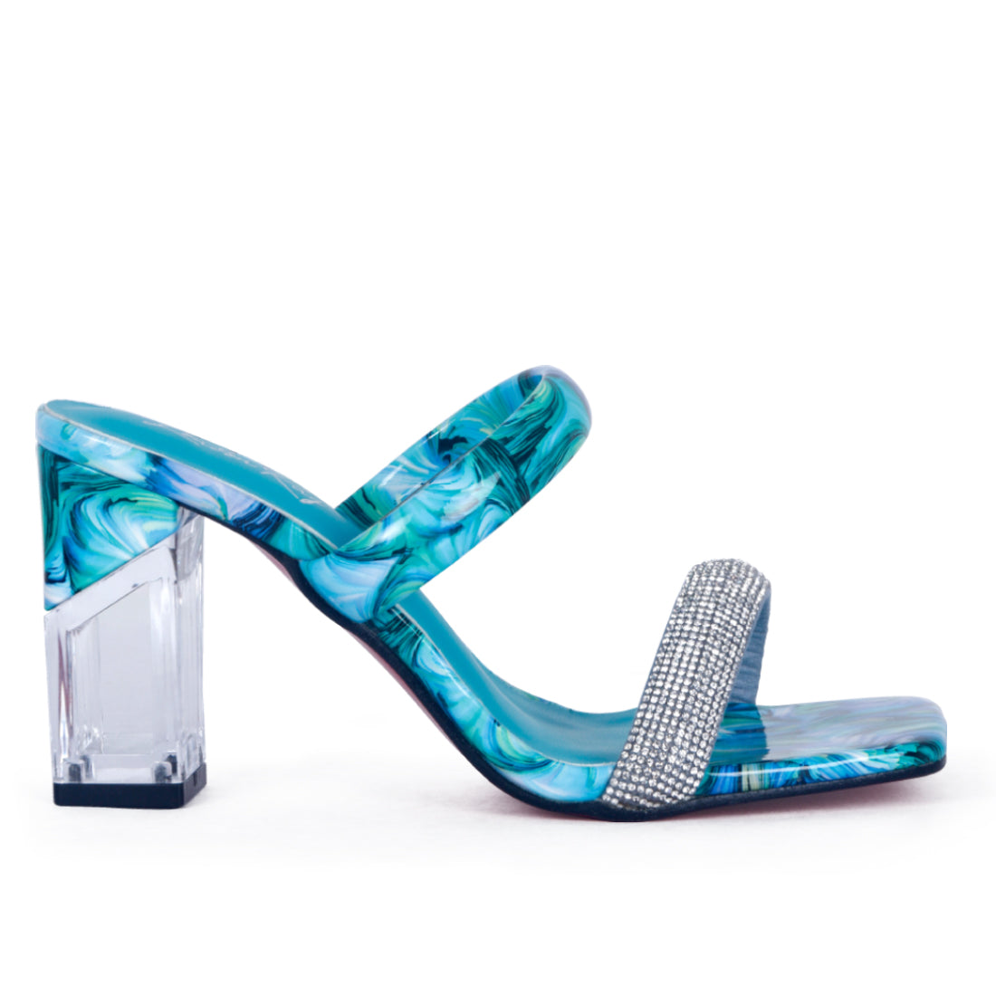 Transparent Block Heeled Sandal in Aqua Blue