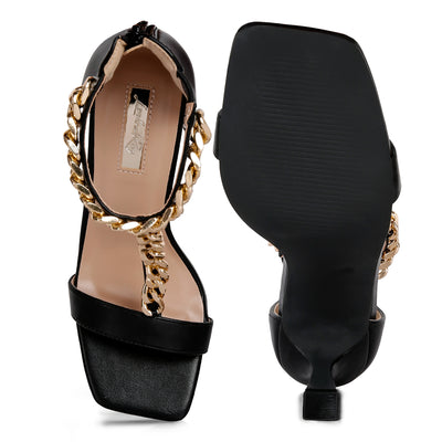 mid heel chain detail t strap sandal#color_black
