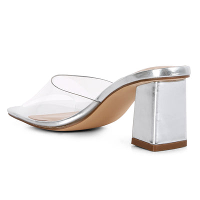 Silver Metallic Clear Strap Block Heeled Sandals