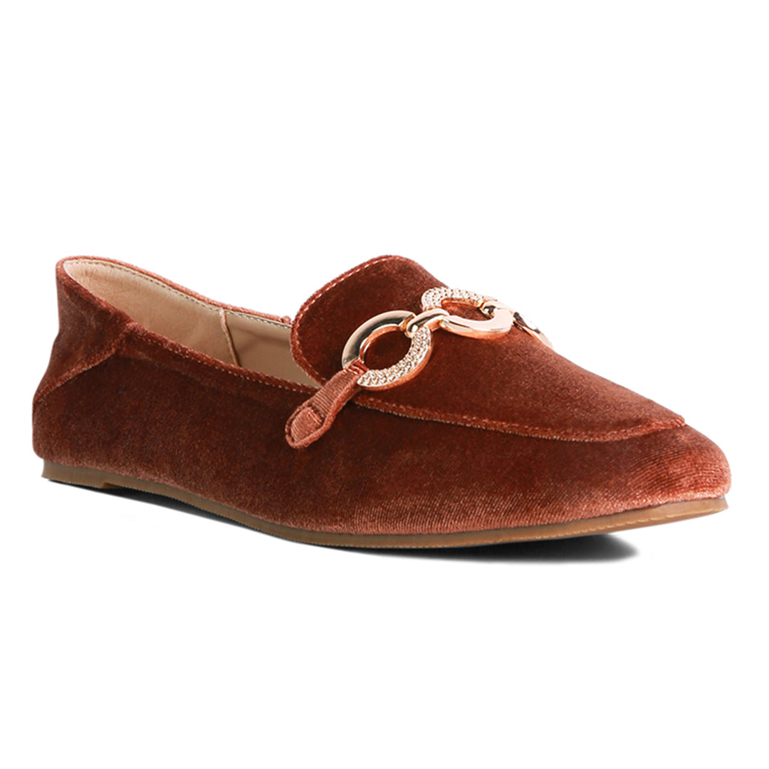 women velvet diamante buckle casual loafers#color_brown