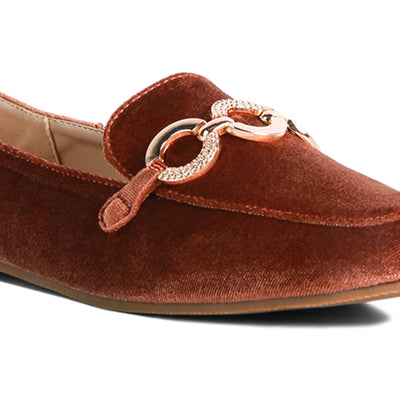 Brown Velvet Diamante Buckle Casual Loafers
