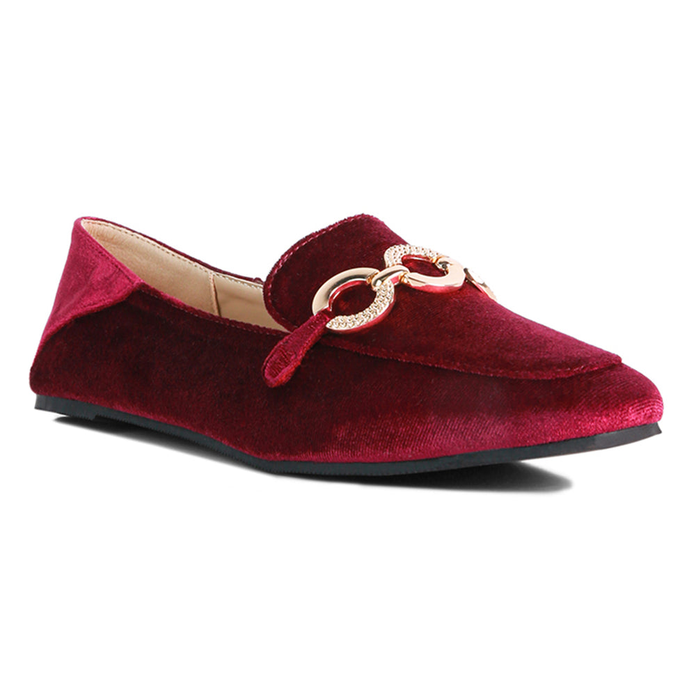 women velvet diamante buckle casual loafers#color_burgundy