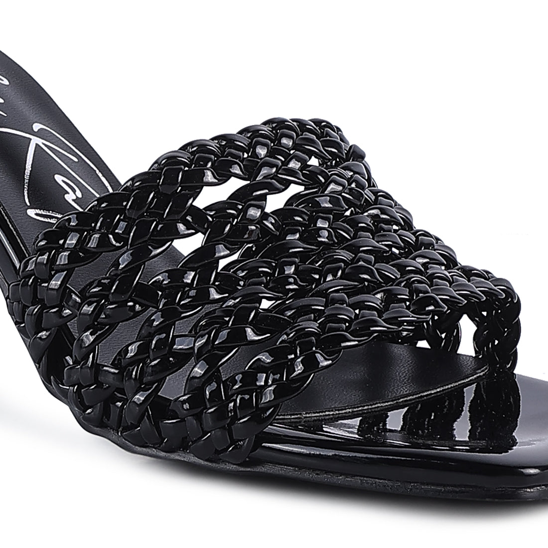 Black Metallic Braided Straps Slider Sandals