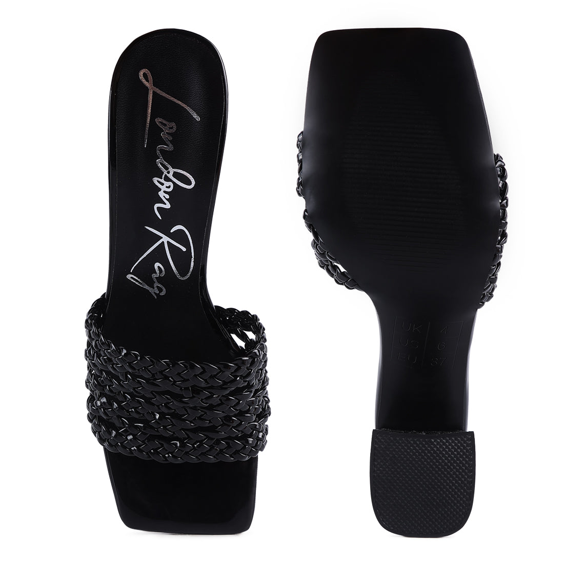 Black Metallic Braided Straps Slider Sandals