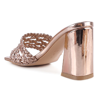 Rose Gold Metallic Braided Straps Slider Sandals