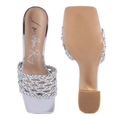 Silver Metallic Braided Straps Slider Sandals