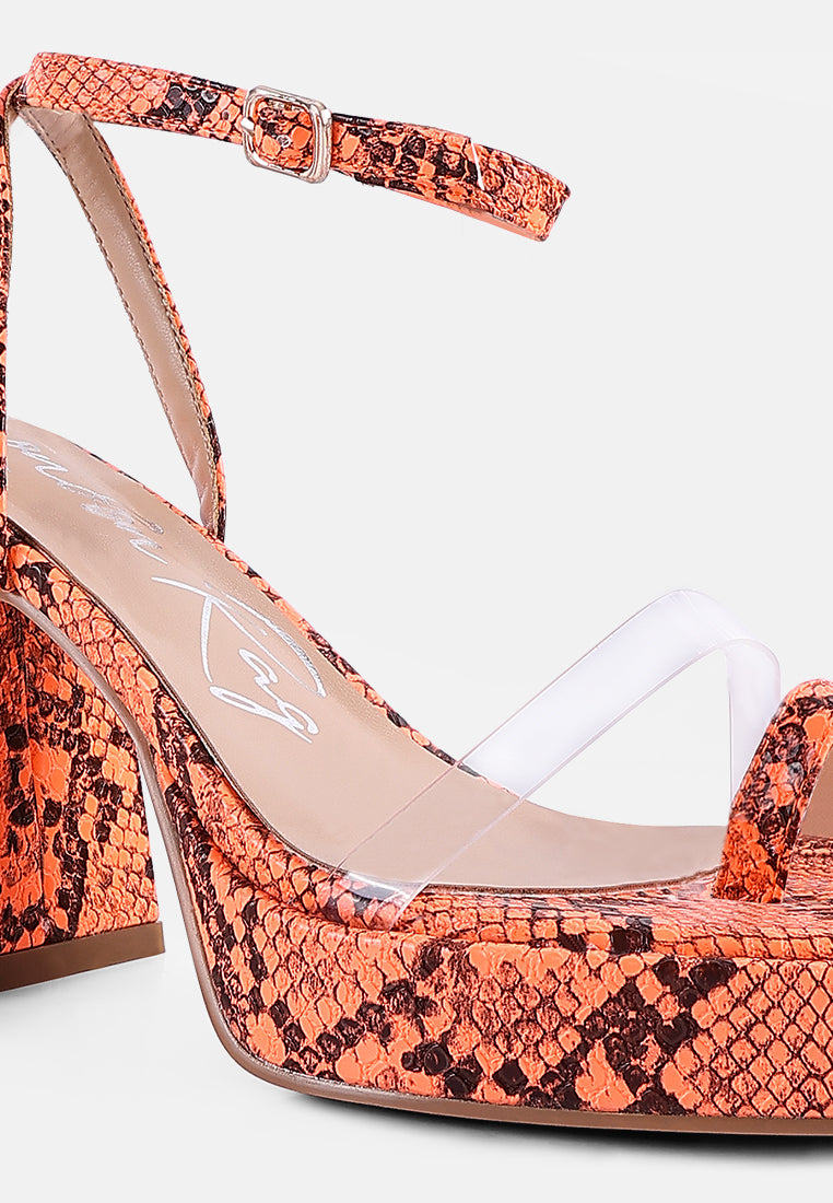 women snake pattern block heeled sandals#color_orange