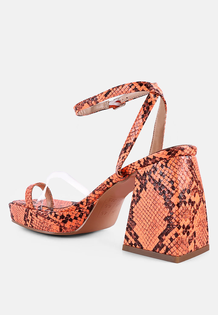 such flirt snake pattern block heeled sandals#color_orange