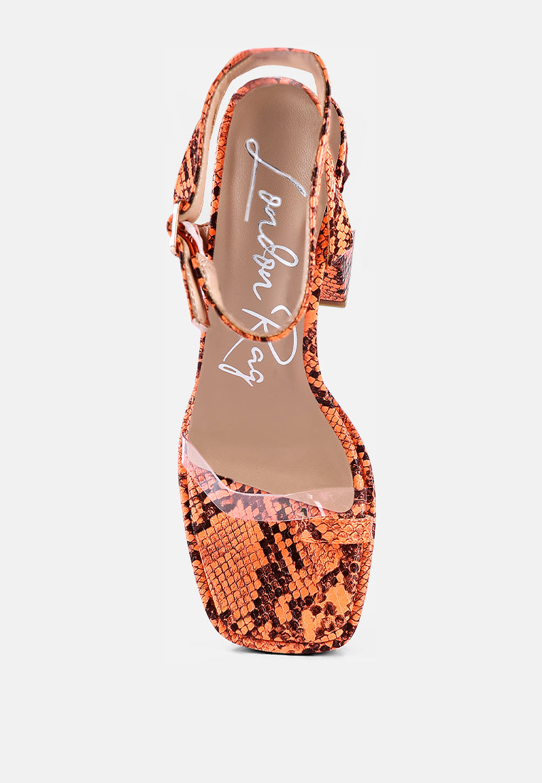 women snake pattern block heeled sandals#color_orange