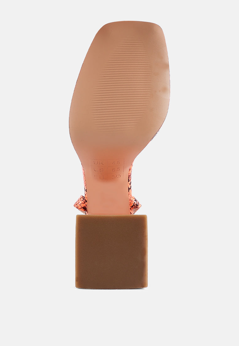 women snake pattern block heeled sandals#color_orange