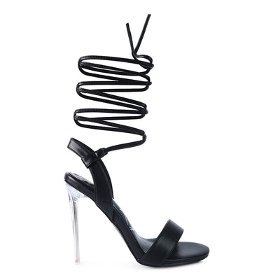 Clear Stiletto Lace Up Sandal in Black