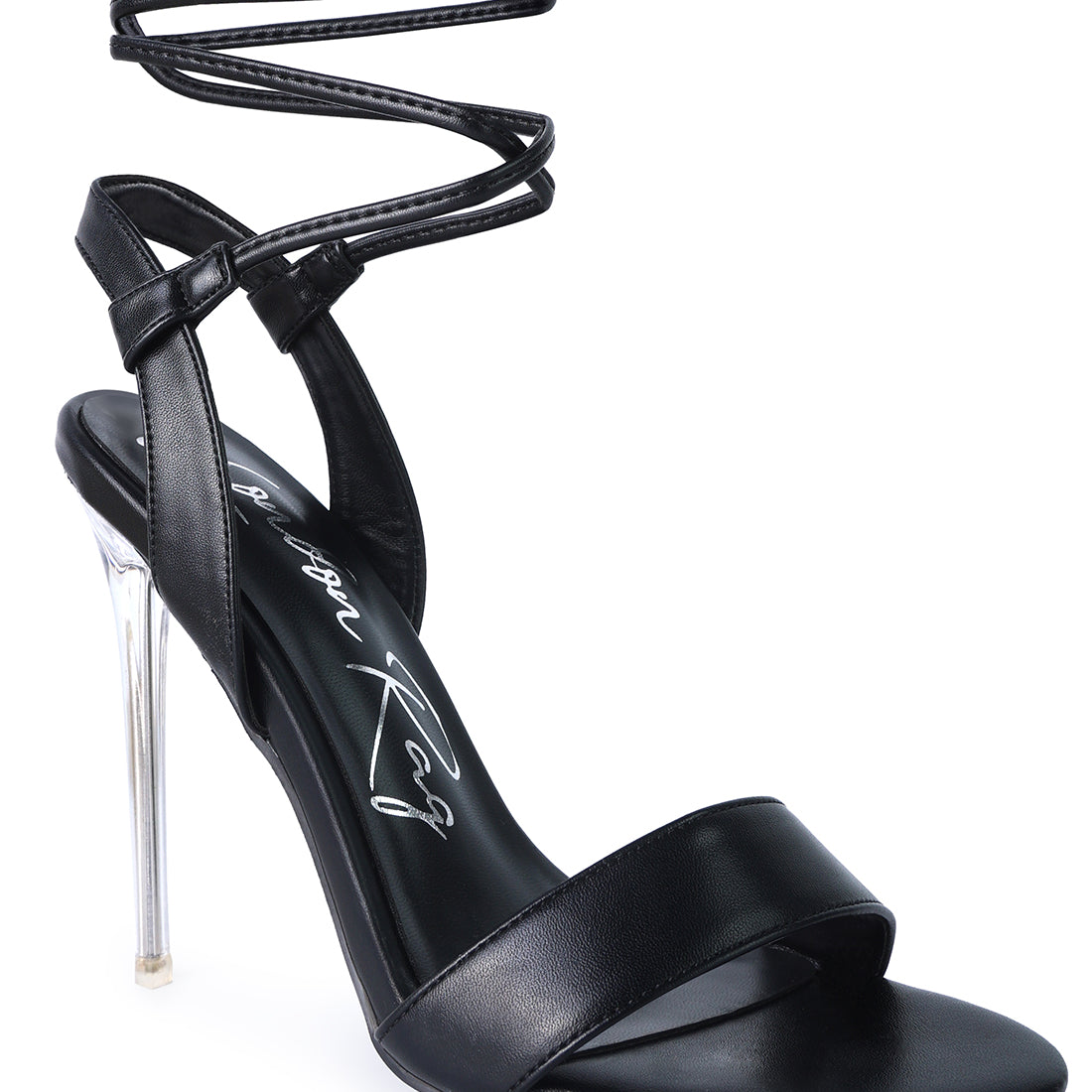 Clear Stiletto Lace Up Sandal in Black