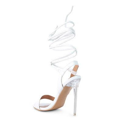 Clear Stiletto Lace Up Sandal in White