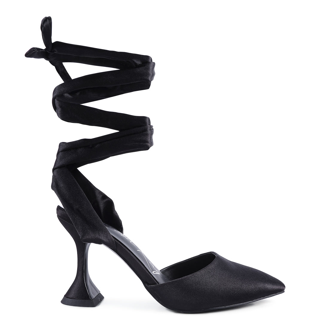 Spool Heel Tie Up Satin Sandals in Black
