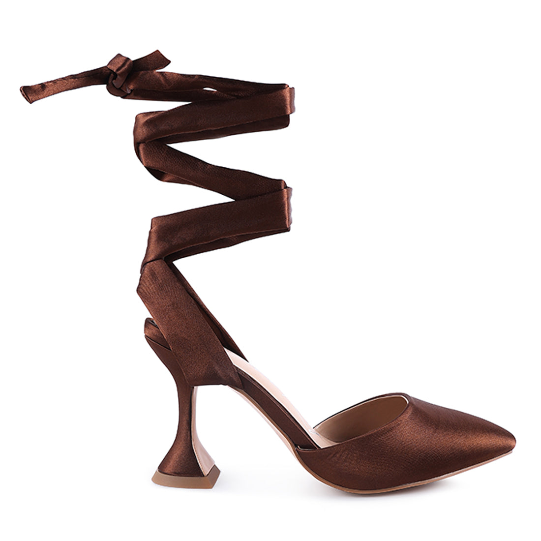 Spool Heel Tie Up Satin Sandals in Brown