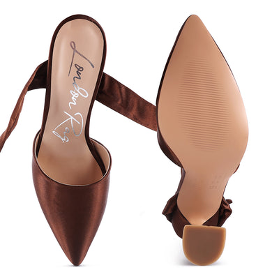 Spool Heel Tie Up Satin Sandals in Brown