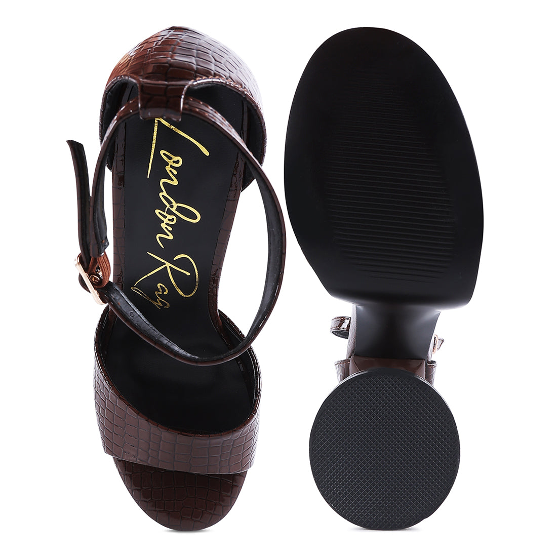 Dark Brown Patent Croc Ultra High Platform Sandals