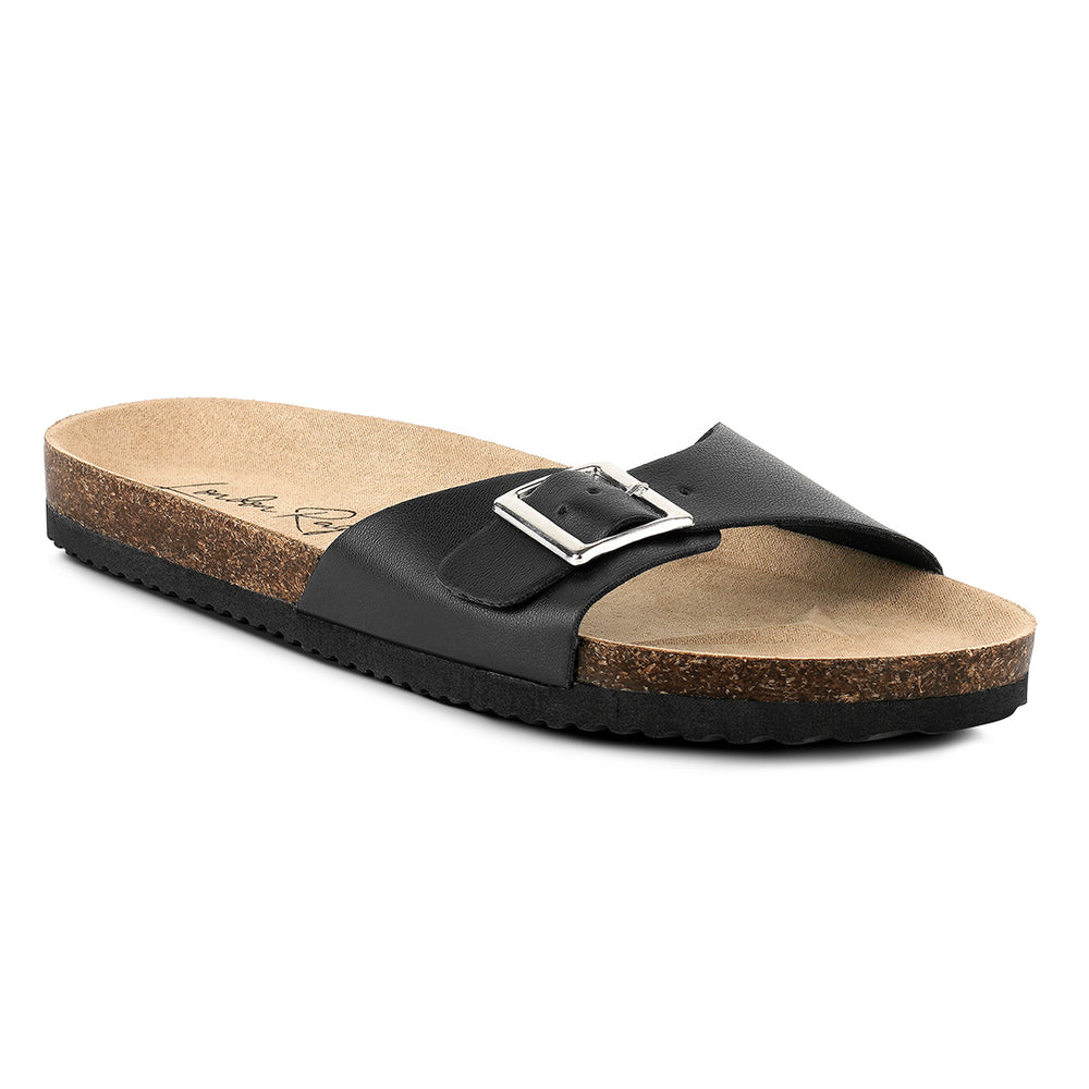 women buckled strap slides#color_black
