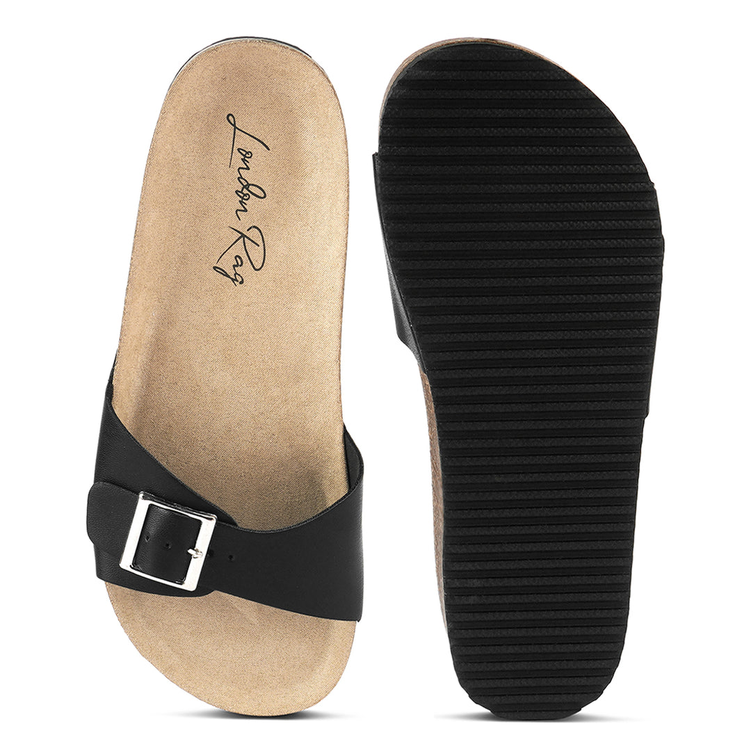 Black Buckled Strap Slides