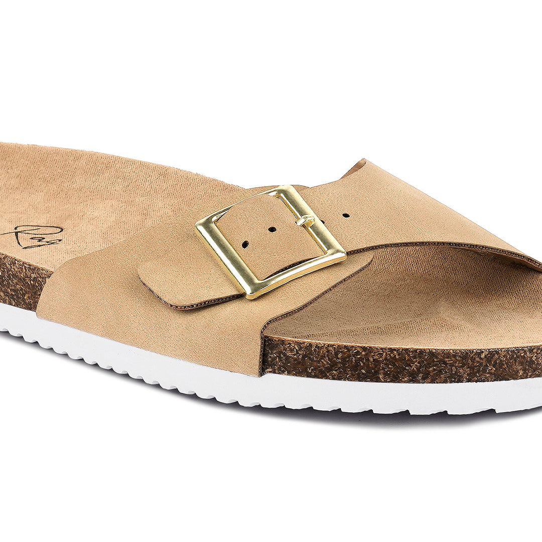 women buckled strap slides#color_camel