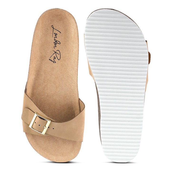 women buckled strap slides#color_camel