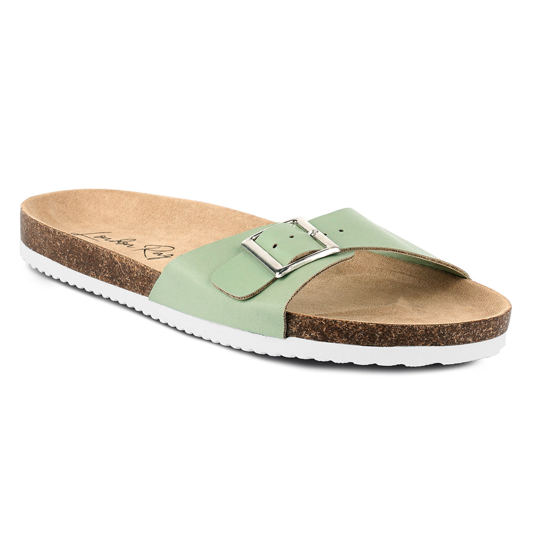 women buckled strap slides#color_green