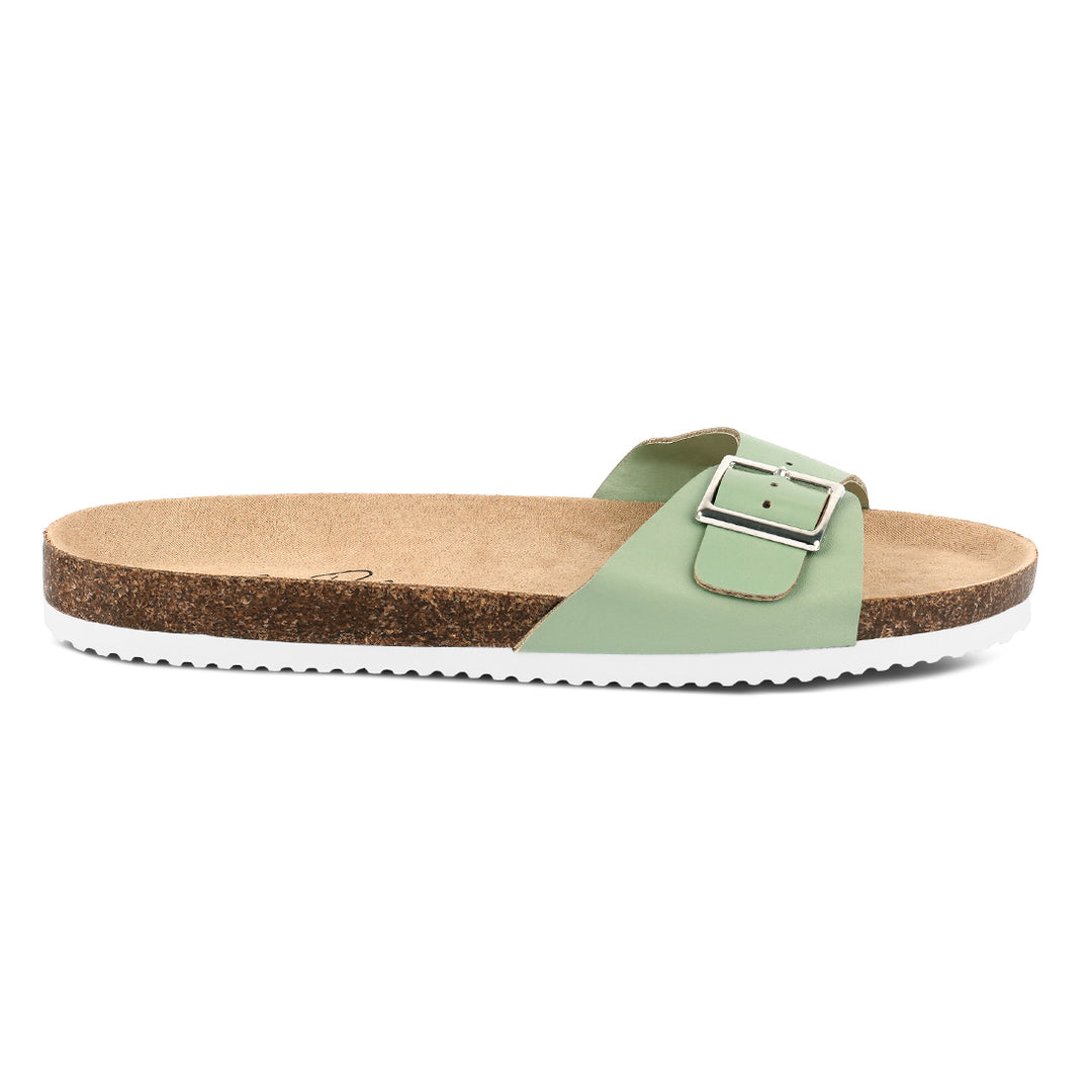 women buckled strap slides#color_green