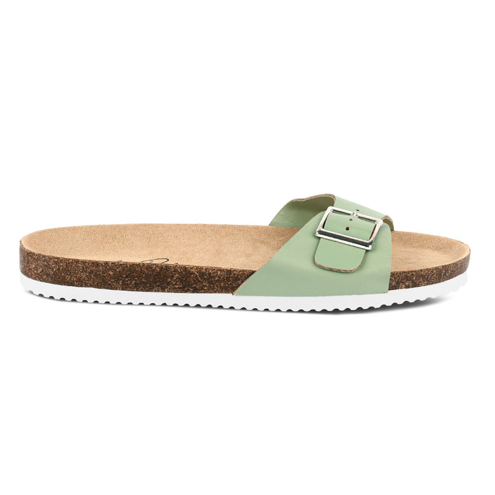 women buckled strap slides#color_green