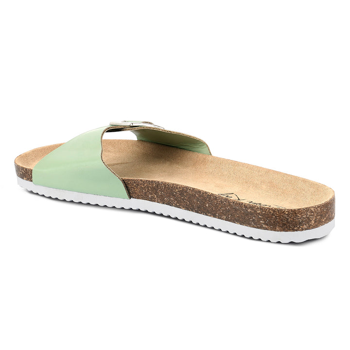 women buckled strap slides#color_green