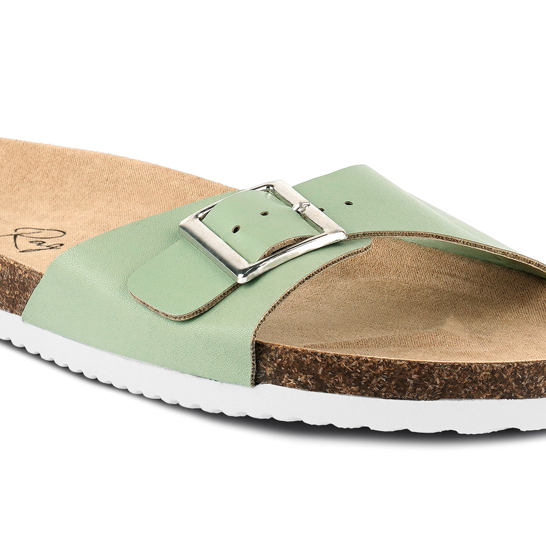 women buckled strap slides#color_green