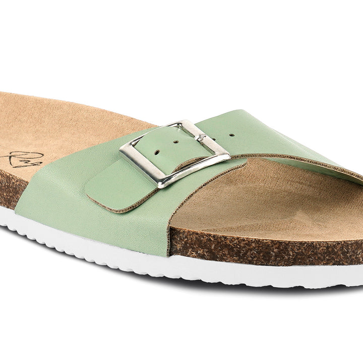 women buckled strap slides#color_green