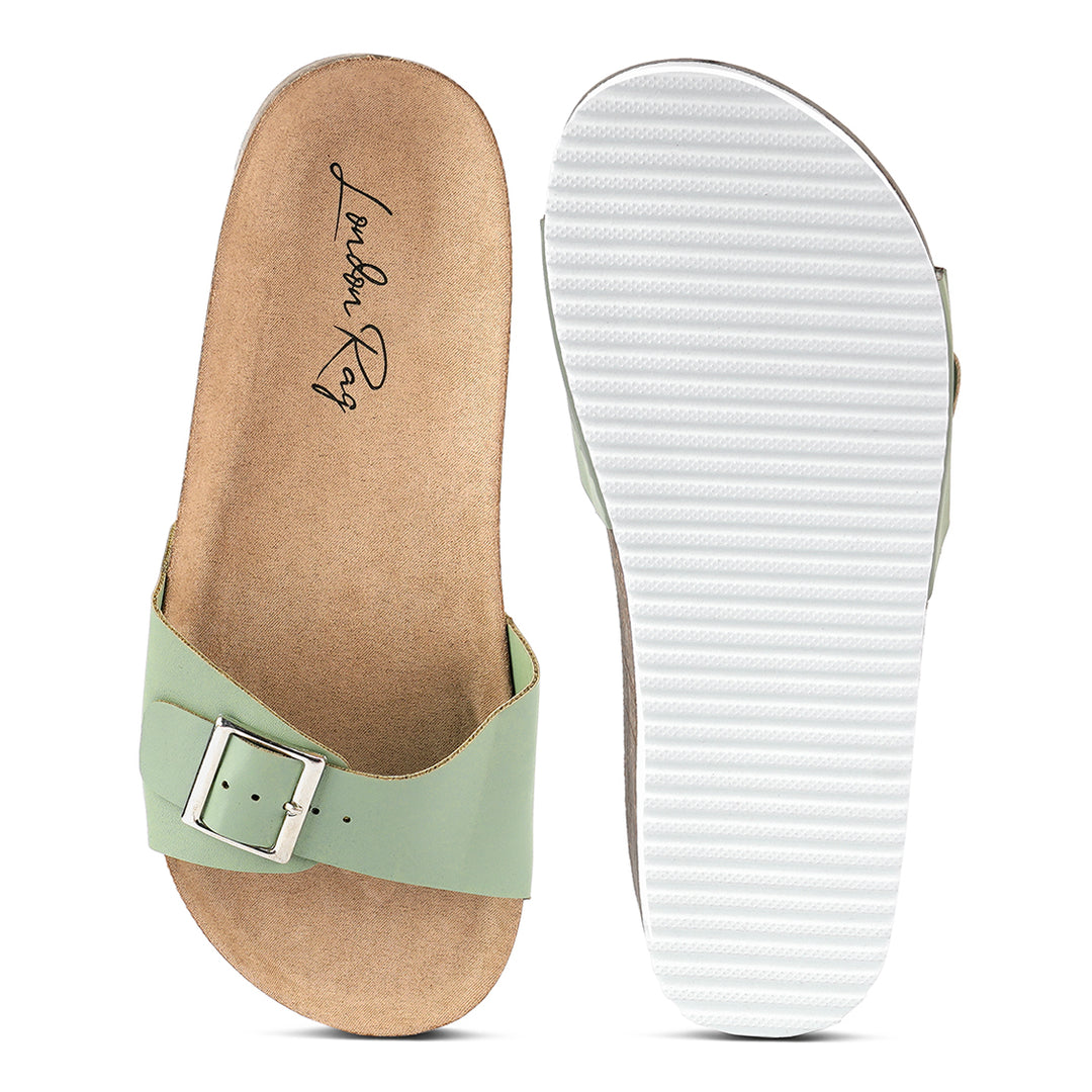 women buckled strap slides#color_green