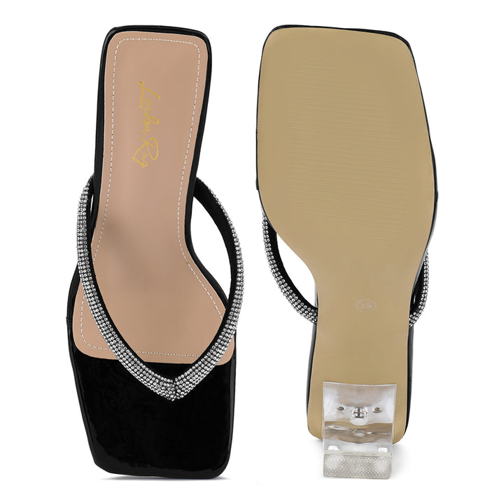 Women Crystal Lined Thong Block Heeled Sandal in Black