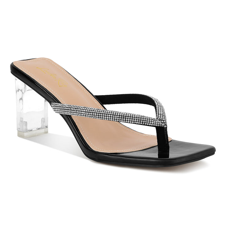 Women Crystal Lined Thong Block Heeled Sandal in Black