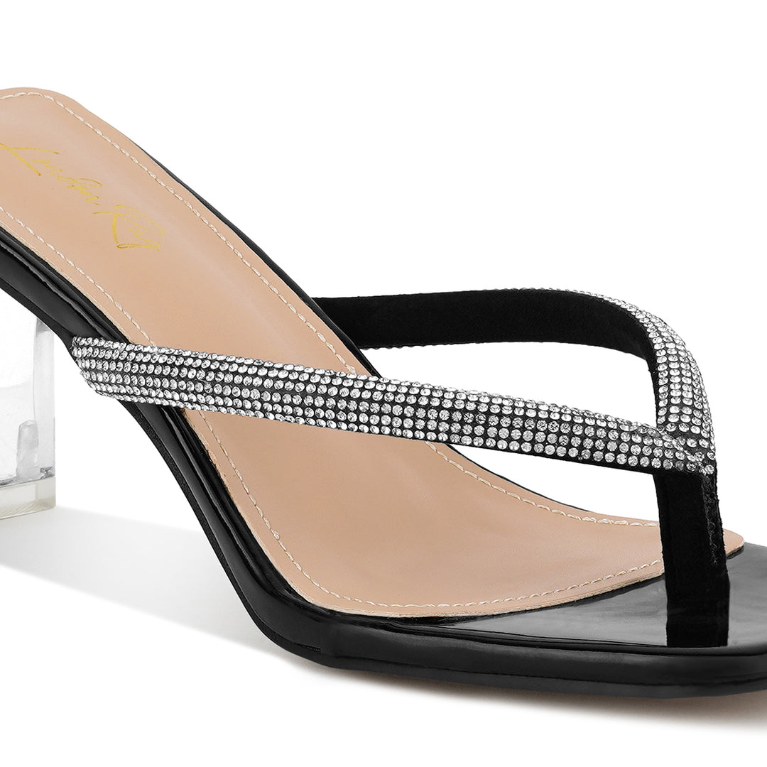Women Crystal Lined Thong Block Heeled Sandal in Black