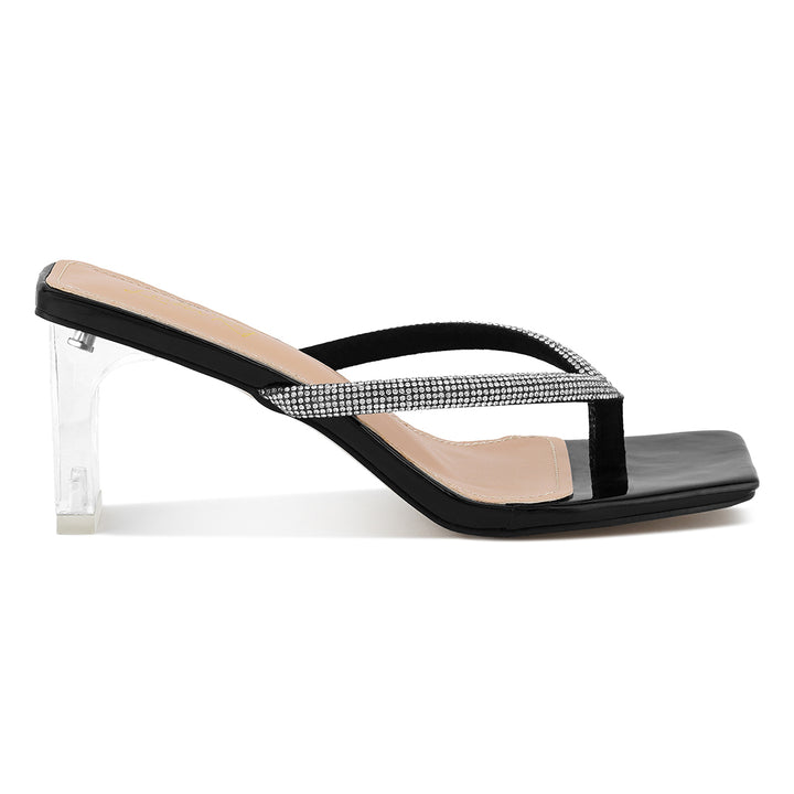 Women Crystal Lined Thong Block Heeled Sandal in Black