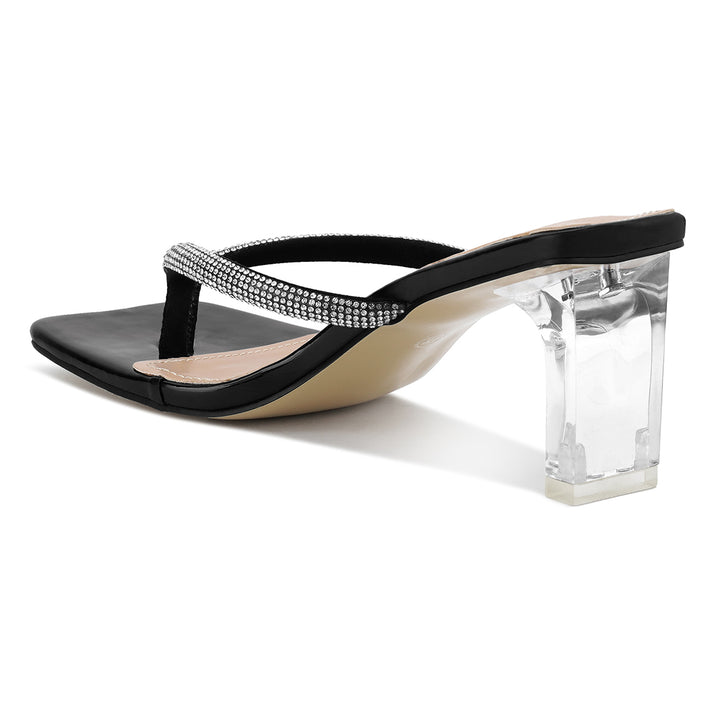 Women Crystal Lined Thong Block Heeled Sandal in Black