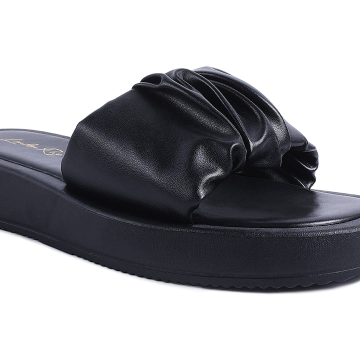 Black Gathered Low Wedge Slides