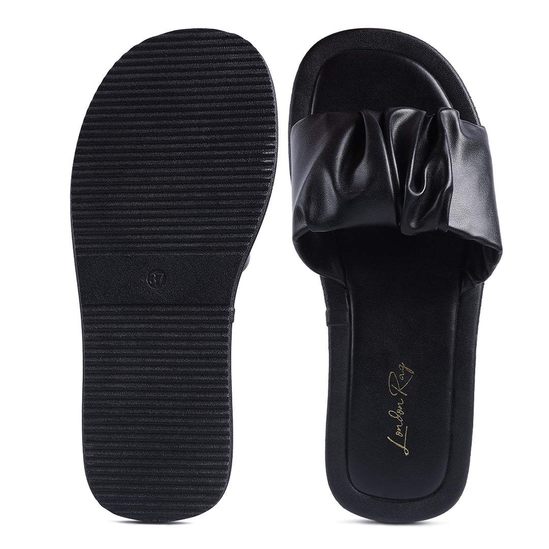 Black Gathered Low Wedge Slides