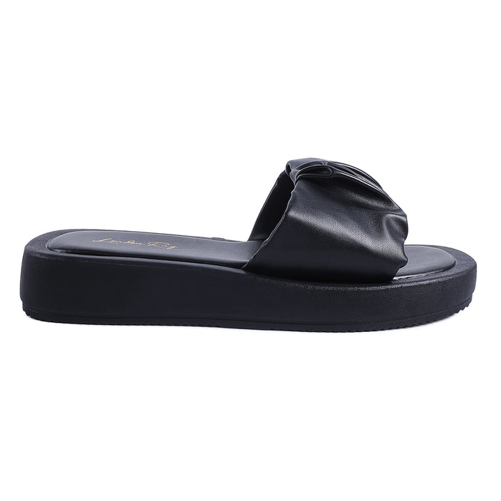 Black Gathered Low Wedge Slides